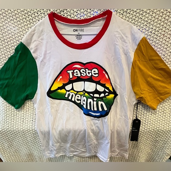 NWT ON FIRE Women’s White ‘Taste of Melanin’ Multicolored-Graphic Tee; Size 3X - Picture 1 of 9